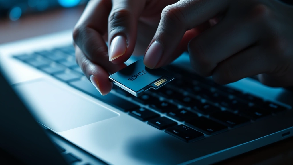 Close-up of hands holding a small metallic SD card over a laptop keyboard, showing digital security concept with soft blue lighting and bokeh background