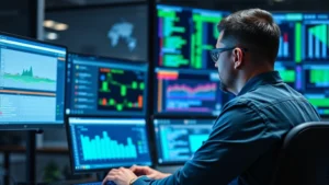 Professional cybersecurity analyst monitoring security dashboard with multiple screens displaying network traffic patterns and threat alerts in a modern SOC environment, blue and green data visualizations