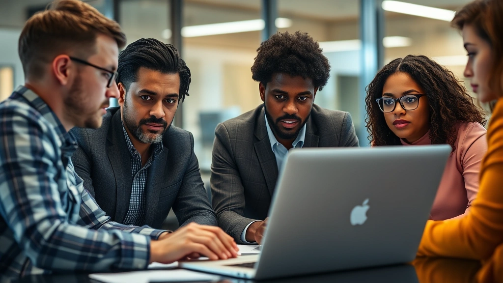 Close-up of diverse team collaborating on security incident response in a corporate office, reviewing threat intelligence on laptop screens with serious focused expressions