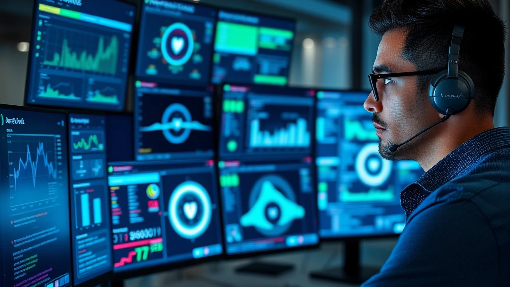 Professional cybersecurity analyst monitoring multiple screens displaying real-time network security dashboards with glowing threat indicators and data visualization, blue and green holographic interface elements, focused expression, modern tech environment with subtle ambient lighting