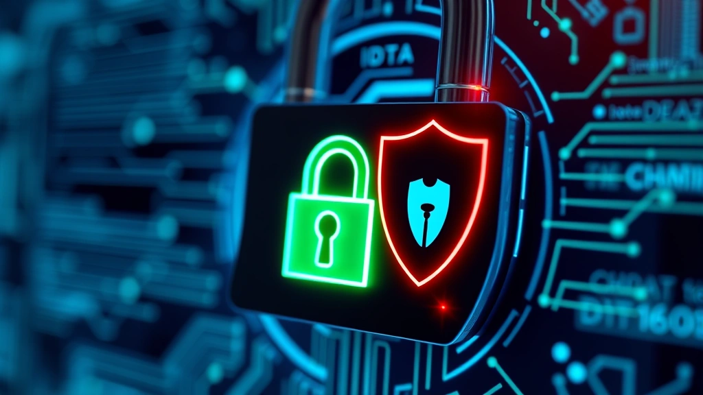 Close-up of digital lock mechanism with glowing encryption symbols and shield icons, representing data protection and security infrastructure, abstract blue and green digital particles flowing around encrypted data visualization, modern minimalist design