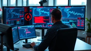 A cybersecurity professional monitoring multiple screens displaying real-time threat detection dashboards with red warning indicators and network traffic visualization, photorealistic modern office setting