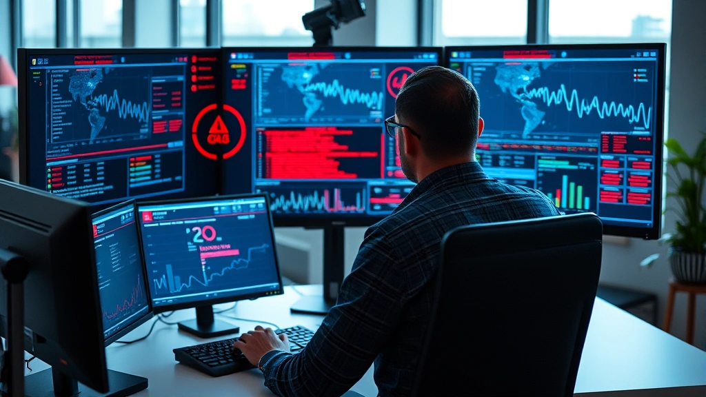 A cybersecurity professional monitoring multiple screens displaying real-time threat detection dashboards with red warning indicators and network traffic visualization, photorealistic modern office setting