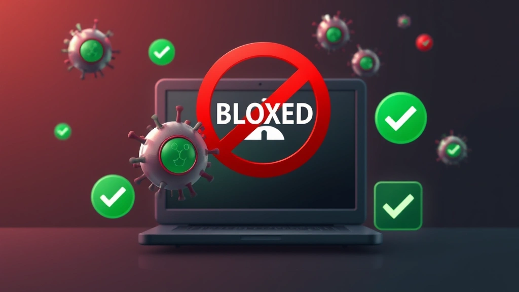 A digital representation of malware particles being blocked and quarantined, with green checkmarks and defensive barriers protecting a computer system from threats