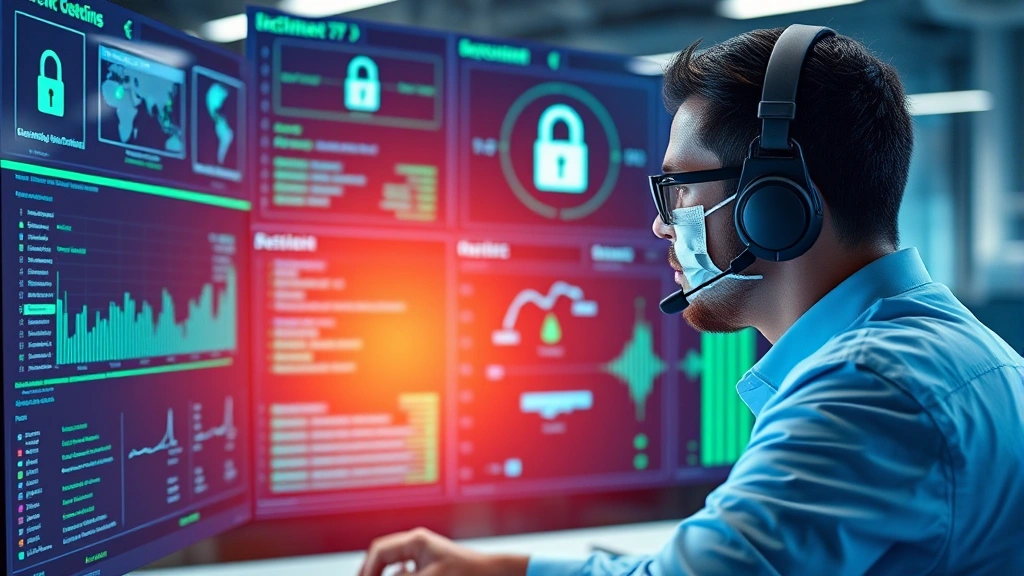 Professional cybersecurity analyst monitoring network security dashboard with flowing data streams and lock icons, blue and green digital interface, modern office environment