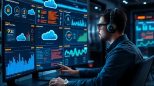 Professional cybersecurity analyst monitoring multiple cloud security dashboards with real-time threat detection alerts, holographic displays showing data protection metrics, modern tech environment with advanced security infrastructure