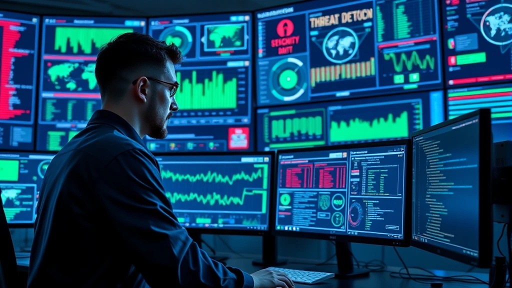 Professional cybersecurity analyst working at modern command center with multiple monitors displaying real-time threat detection dashboards, network traffic visualizations, and security alerts in blue and green hues, photorealistic