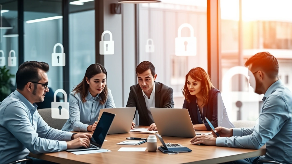 Team of security professionals in corporate office collaborating around table with laptops, discussing incident response procedures with digital security overlays and lock icons floating in background, professional lighting