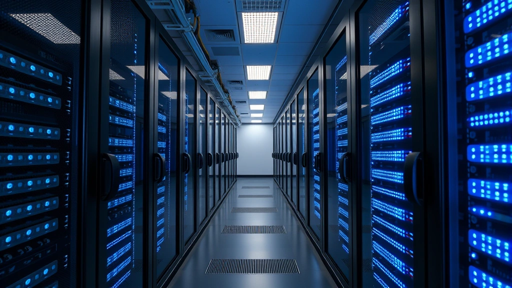 Modern data center with rows of secure servers behind glass with access-controlled doors, blue LED indicators glowing, representing enterprise-grade data protection and backup infrastructure, cinematic