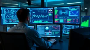 Professional cybersecurity analyst monitoring multiple screens displaying network traffic patterns, threat dashboards, and security metrics in a modern command center with blue and green data visualizations