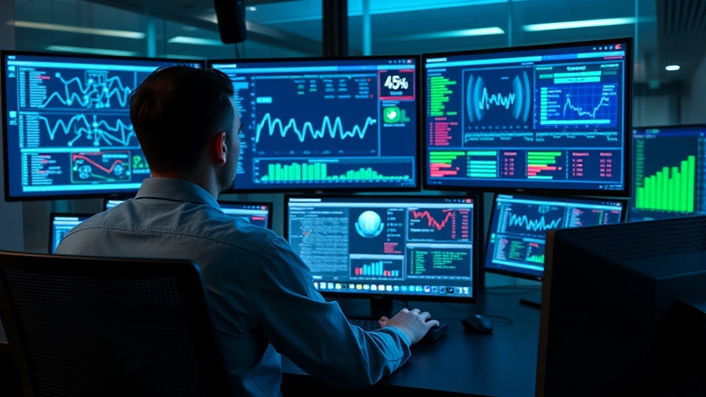 Professional cybersecurity analyst monitoring multiple screens displaying network traffic patterns, threat dashboards, and security metrics in a modern command center with blue and green data visualizations