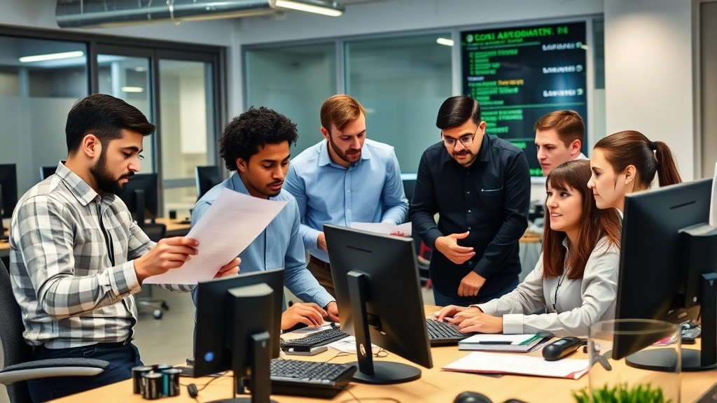 Team of diverse cybersecurity professionals in a collaborative office environment reviewing security documentation, discussing threat strategies, and implementing defensive measures on computer workstations
