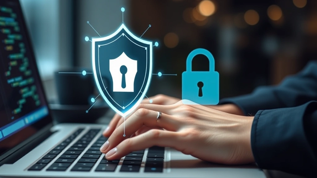 Close-up of hands typing on keyboard with holographic cybersecurity shield and lock icons floating above, representing digital protection, network security, and data encryption in modern workspace