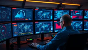Photorealistic image of cybersecurity analyst monitoring multiple high-tech displays showing real-time threat detection dashboards with glowing network visualization nodes and security indicators, professional SOC environment