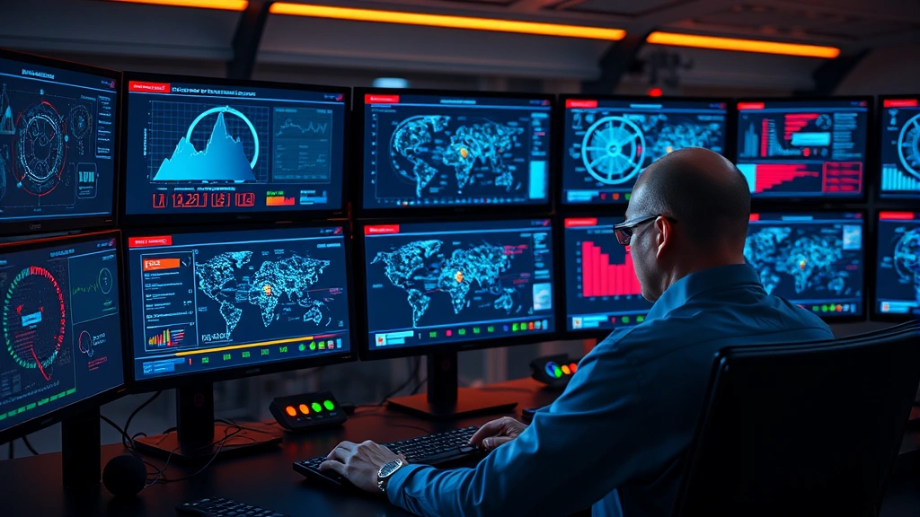 Photorealistic image of cybersecurity analyst monitoring multiple high-tech displays showing real-time threat detection dashboards with glowing network visualization nodes and security indicators, professional SOC environment
