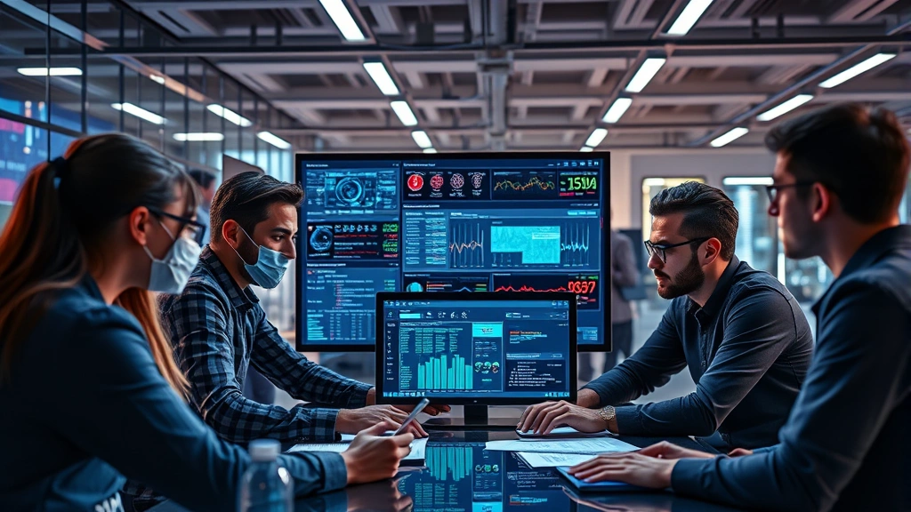 Photorealistic image of collaborative cybersecurity team reviewing AI-generated threat intelligence reports, security professionals examining data on screens, modern office environment with advanced security technology, diverse team analyzing threat patterns