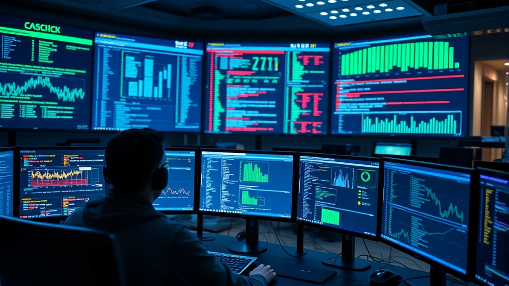 Cybersecurity analyst monitoring network traffic and security alerts on multiple computer screens in a modern SOC control room with blue and green data visualizations