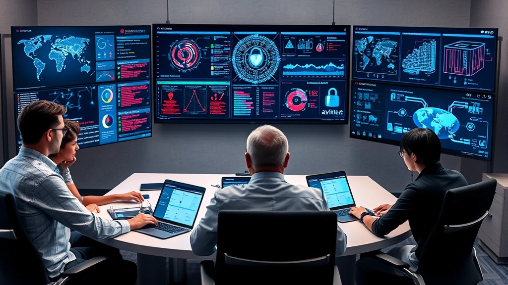 Professional IT security team collaborating around conference table with multiple large displays showing security dashboards, threat intelligence, and network diagrams in background