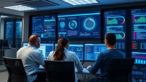 Hospital cybersecurity team monitoring network security dashboard with multiple screens displaying threat detection systems, security alerts, and real-time monitoring in modern healthcare data center environment