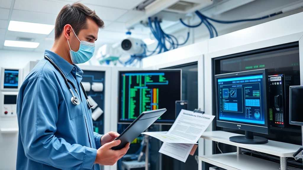 Healthcare IT professional in medical facility performing comprehensive security assessment on hospital network infrastructure with monitoring equipment and security certification documentation visible