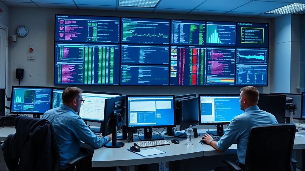 Hospital security operations center with multiple analysts working at workstations monitoring network traffic, security incidents, and threat intelligence feeds in real-time healthcare environment