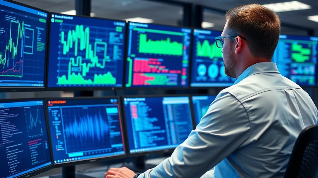 Professional cybersecurity analyst monitoring multiple digital threat detection screens in a modern operations center with blue and green data visualizations, showing network activity patterns and security alerts across various monitoring systems
