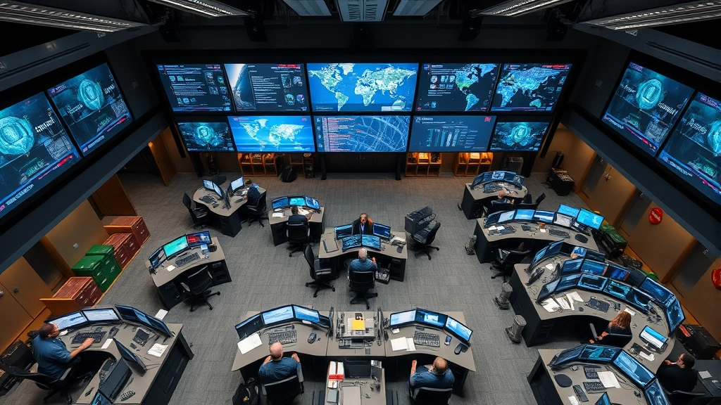 Wide overhead view of a busy federal security operations facility with multiple workstations, personnel in professional attire coordinating security responses, large display screens showing real-time threat intelligence and infrastructure monitoring data