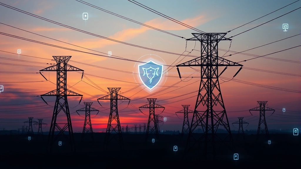 Photorealistic image of critical infrastructure protection concept: power transmission towers at dusk with digital security overlay, depicting interconnected cyber defense systems protecting essential utilities against threats