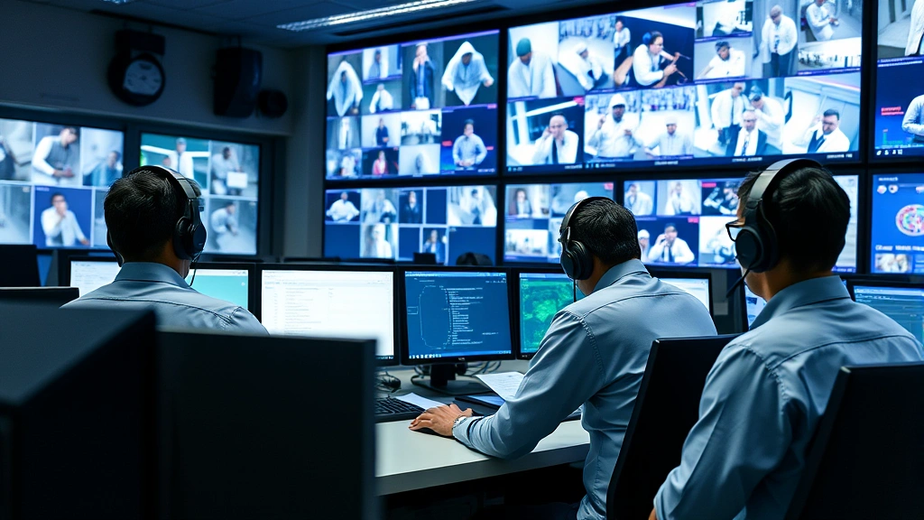 Security monitoring center with trained operators at workstations wearing headsets, multiple screens displaying alert information and camera feeds, professional environment