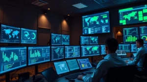Cybersecurity operations center with multiple monitors displaying real-time threat dashboards, security analysts working at stations, blue and green data visualizations on screens, professional enterprise environment with dim ambient lighting