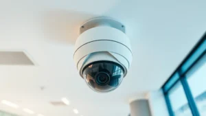 Panoramic fisheye security camera mounted on white ceiling in modern office space, showing wide-angle lens distortion, professional installation with concealed wiring, bright office environment