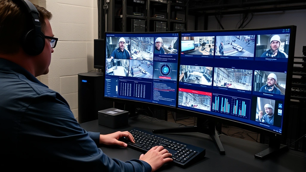 Network technician configuring security camera system on computer workstation, displaying video feeds and analytics dashboard, multiple camera angles visible on monitors, cybersecurity focused