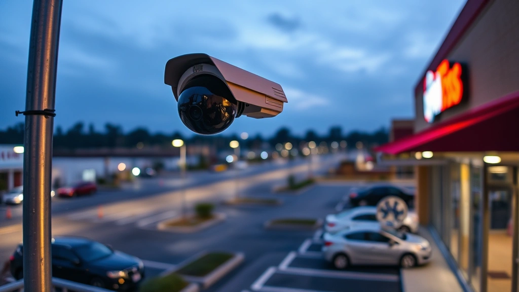 Outdoor weatherproof 360-degree security camera on metal pole at commercial property perimeter, evening lighting conditions, clear field of view overlooking parking area, professional installation