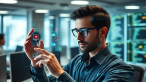 Professional cybersecurity expert examining network security infrastructure with digital threat visualization overlays, modern office environment, serious focused expression analyzing data streams