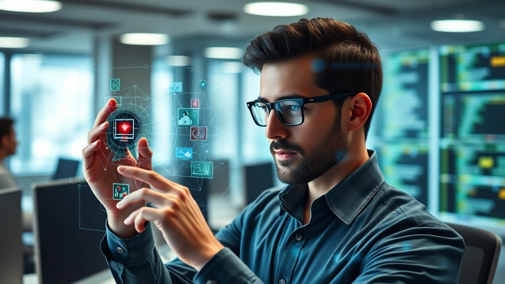 Professional cybersecurity expert examining network security infrastructure with digital threat visualization overlays, modern office environment, serious focused expression analyzing data streams