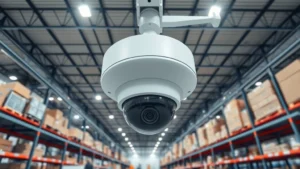 Professional 360-degree security camera mounted on ceiling in large warehouse facility, capturing expansive industrial space with shelving and equipment below, photorealistic high-quality imagery