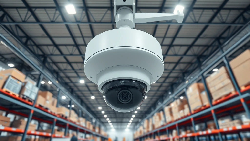 Professional 360-degree security camera mounted on ceiling in large warehouse facility, capturing expansive industrial space with shelving and equipment below, photorealistic high-quality imagery