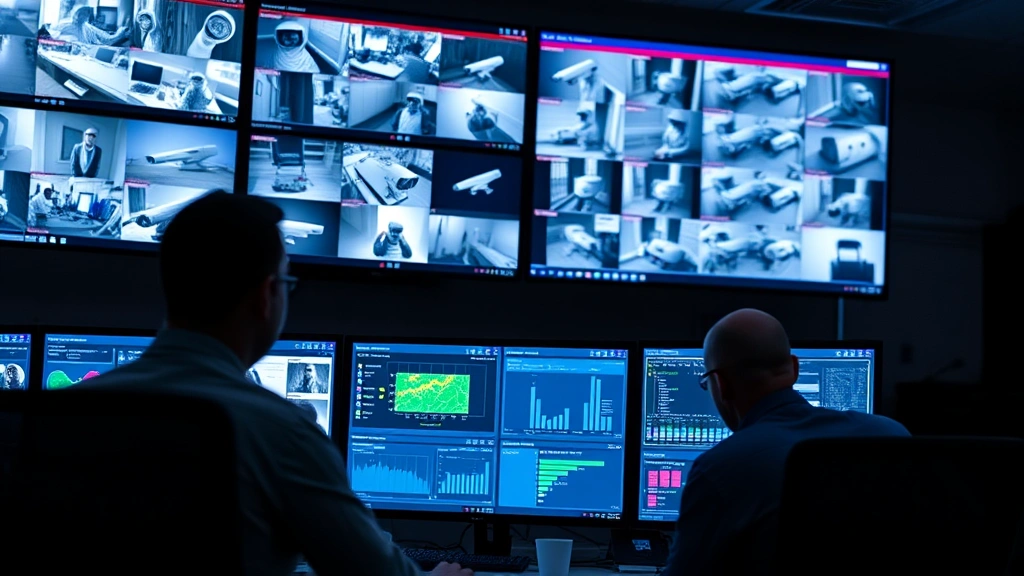Network security operations center with multiple monitors displaying surveillance feeds, security analysts monitoring real-time camera data, cybersecurity protection visible through dashboard interfaces