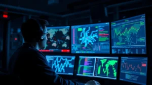 Photorealistic image of a cybersecurity analyst monitoring multiple screens displaying network traffic patterns and threat detection dashboards in a dark command center, with blue and green data visualizations flowing across displays, professional security operations environment