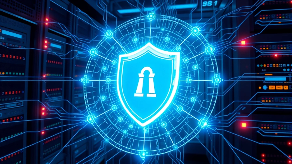 Photorealistic image showing a digital shield protecting interconnected network nodes and servers, with glowing protective barriers surrounding computer infrastructure, representing AI-powered defense mechanisms in a modern data center environment