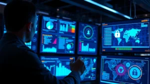 Cybersecurity professional analyzing payment authentication data on multiple digital displays, showing security metrics and transaction monitoring dashboards with glowing indicators and network visualization patterns in a modern tech environment