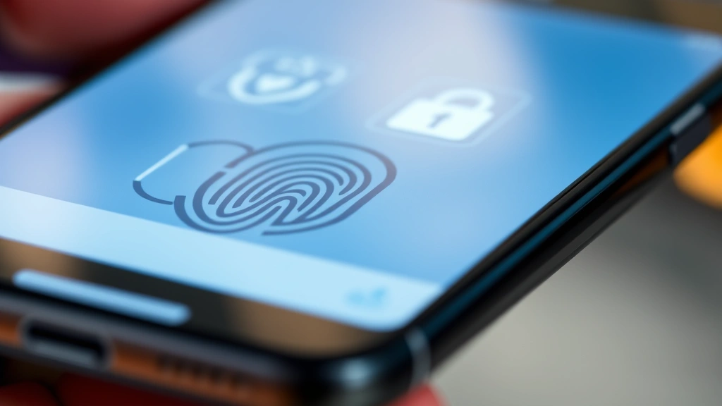 Close-up of secure payment verification process on smartphone screen showing biometric authentication interface with fingerprint scanner and encrypted transaction symbols, representing modern mobile security verification
