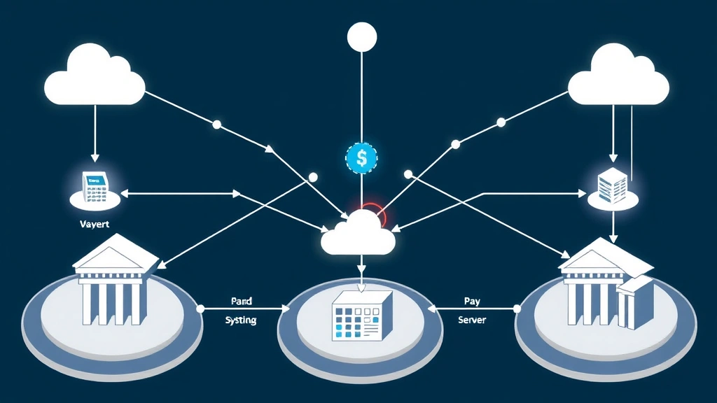 Network infrastructure diagram visualization showing interconnected payment processing nodes, banking systems, and security servers communicating through encrypted channels, depicting complex payment authentication architecture