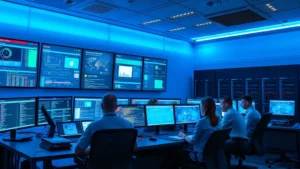 Network security operations center with multiple monitors displaying real-time threat data, analysts monitoring security dashboards, cybersecurity team managing detection systems, professional IT environment with blue lighting and advanced security infrastructure