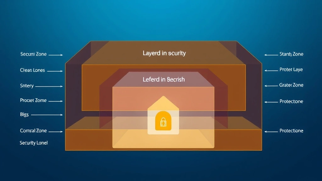 Layered security architecture visualization showing multiple protective barriers, network infrastructure with security zones, defense-in-depth concept with different protection levels, digital security layers stacked progressively