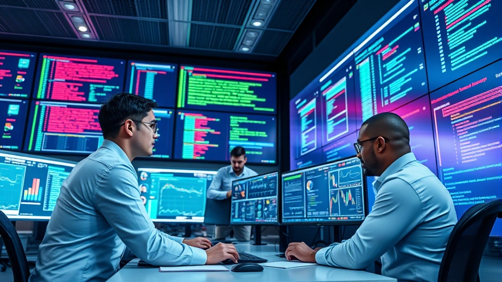 Incident response team working collaboratively at modern security operations center, IT professionals analyzing threats on large displays, cybersecurity specialists conducting investigation, professional security monitoring environment with advanced technology