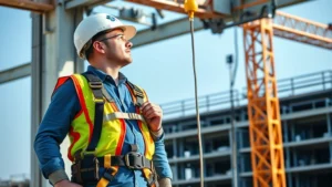 Professional worker wearing full-body safety harness secured to overhead anchor point on industrial construction site, showing proper equipment positioning and connection, high-visibility vest, daylight outdoor setting
