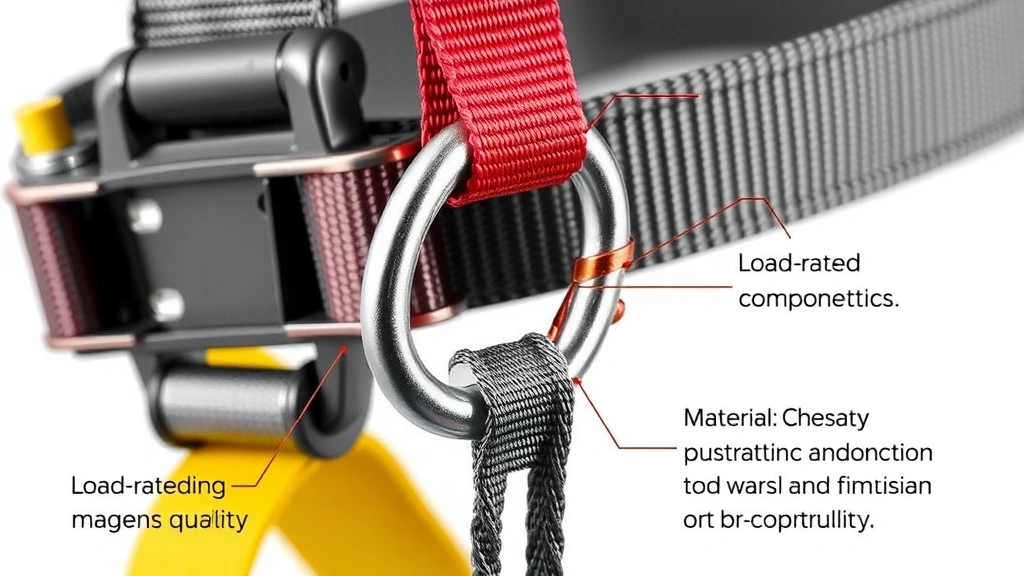 Close-up of 3M safety harness attachment hardware including carabiner, lanyard connection point, and load-rated components showing engineering detail and material quality