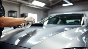 Professional automotive technician applying transparent protective film to a luxury car's hood in a climate-controlled facility with specialized lighting, showing hands using squeegee tool and slip solution