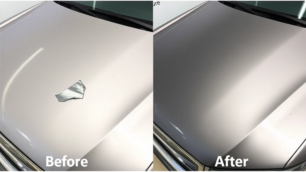 Before and after comparison of vehicle hood showing stone chip protection, with damaged unprotected panel beside pristine film-protected surface, highlighting PPF damage resistance benefits